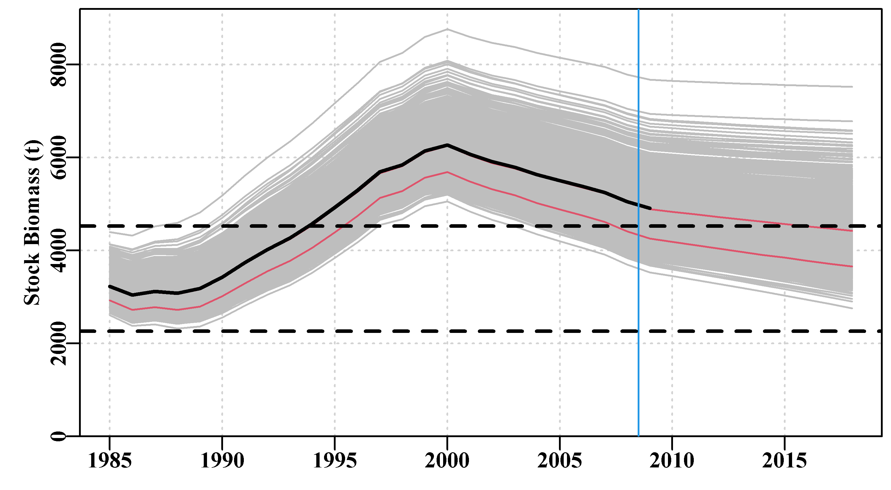 1000 projections (in grey) derived from the using a bootstrap process to generate 1000 plausible parameter vectors and projecting each vector forward with the fisheries catches followed by 10 years of a constant catch of 900t. The dashed lines are the limit and target reference points. The blue vertical line is the limit of fisheries data, the thick black line is the optimum fit and the red lines are the 10th and 50th quantiles across years.