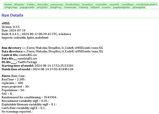 Image of he home-page of the internal web-site generated from the results of the do_MSE R function from aMSE.