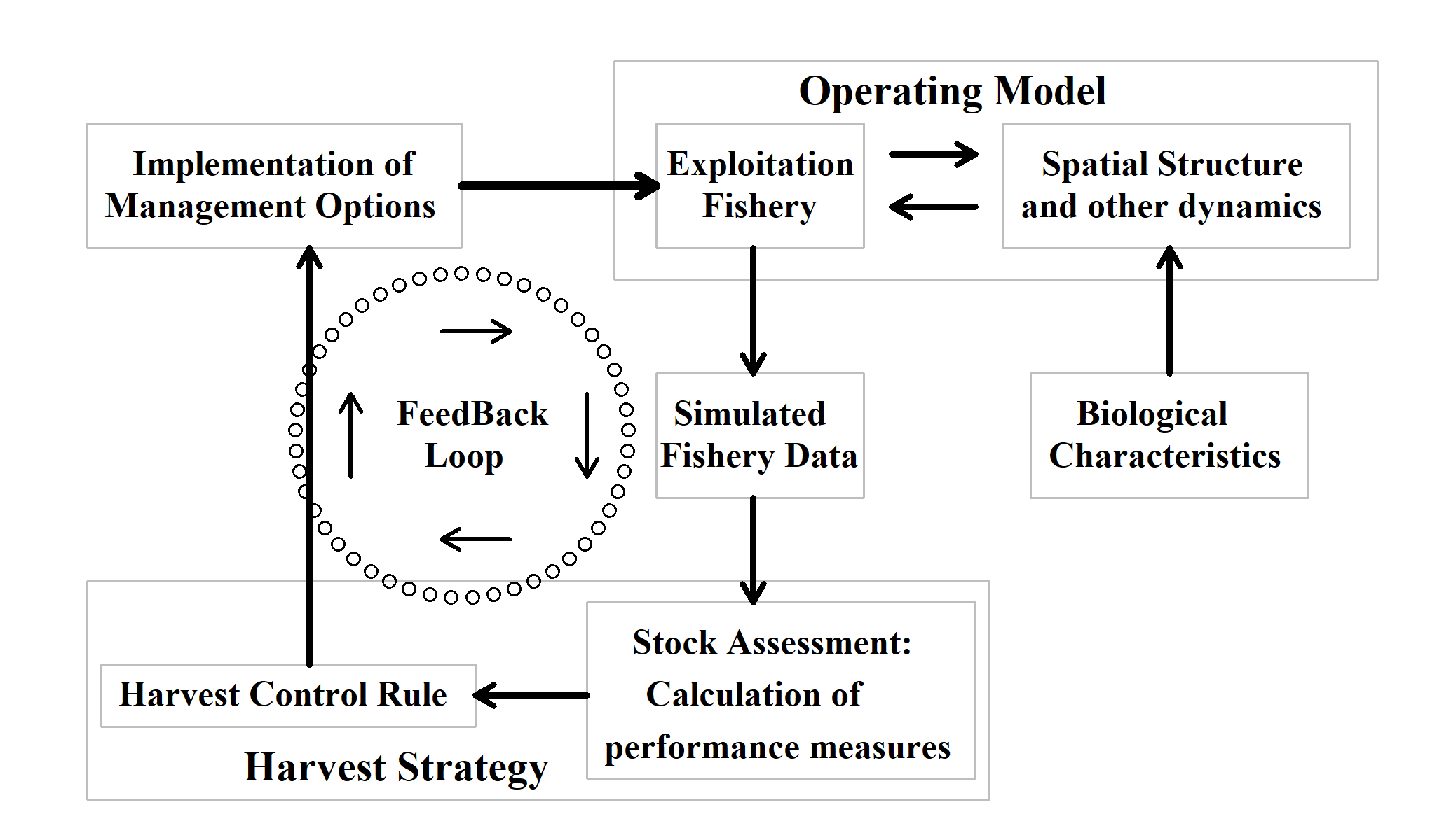 Main componets of an MSE. The operating model, the simulated fishery and stock assessment, which uses the harvest control rule as a feeedback loop to push management actions back into the operating model.